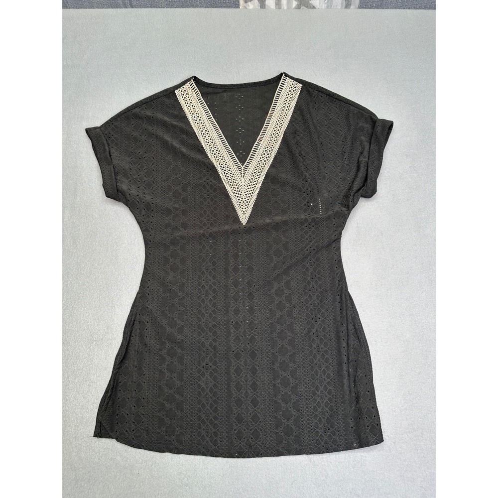 Shein Boho Black Eyelet Crochet Trim V-Neck Swim Cover Up Tunic Size Medium US 6